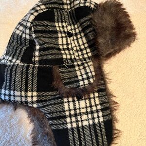 Others Follow Black and White Plaid Trapper Hat with Brown Faux Fur Trim